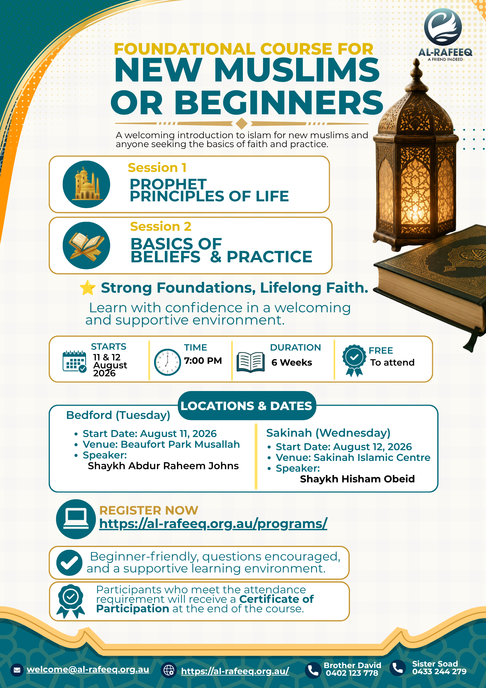 Flyer for Journey Through Surah Yā-Sīn — 6-week Qur’an course, 7 PM start. Tuesdays at Bedford (from 4 Nov) and Wednesdays at Sakinah (from 5 Nov). Open to reverts, males and females. Register via QR code or al-rafeeq.org.au.